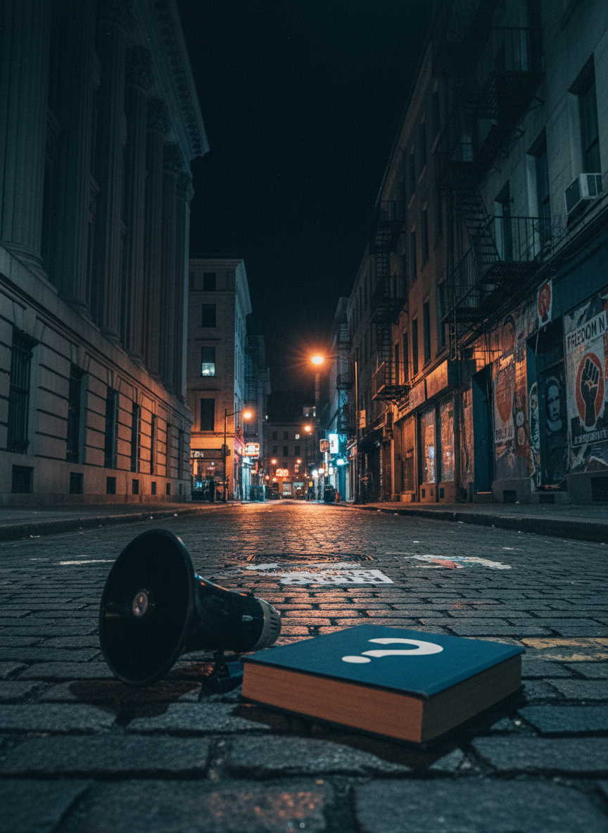 A narrow city street at night, photographed in analog-film style, with towering government buildings on one side and modest apartment facades on the other. Streetlights cast pools of amber light, revealing layers of political posters peeling from worn stone walls, overlapping slogans half-torn away so only fragments remain. In the foreground, a single overturned megaphone lies beside a thick book titled only with a bold question mark on its cloth cover. The pavement glistens slightly as if from a recent rain, reflecting distorted letters and symbols. Shot from a low angle with deep perspective and subtle film grain, the mood is tense, questioning, and quietly rebellious, hinting at power, resistance, and the fragility of public discourse.