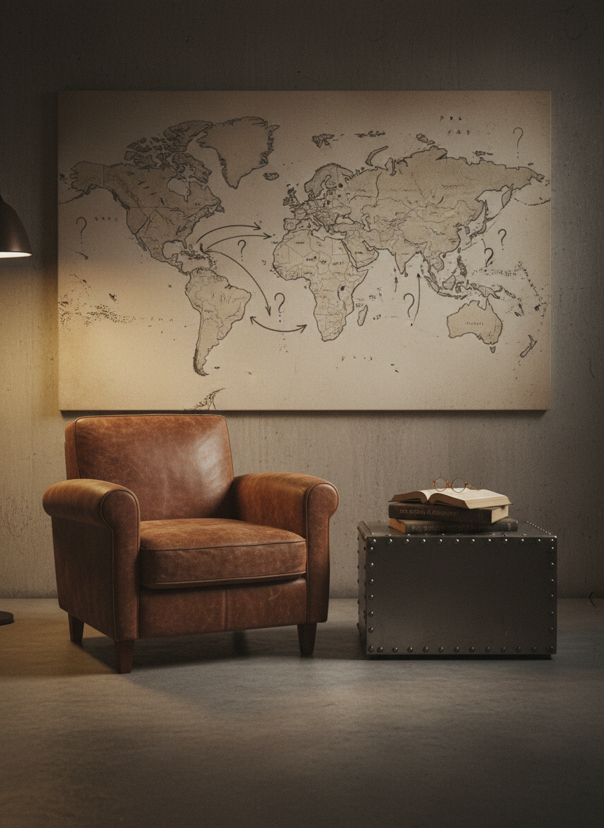 An old, slightly scuffed leather armchair sits empty in the middle of a minimalist room, facing a wall-sized, analog-style world map filled with hand-drawn arrows, circles, and question marks. On a low industrial metal side table beside the chair lie two open books on political theory and a pair of round spectacles resting on top. Warm, low-key tungsten lighting from an unseen floor lamp creates a pool of light around the chair, while the corners of the room fade into soft grainy shadows. Captured from a slightly elevated angle with analog-film realism, the composition uses the rule of thirds to emphasize the empty seat, evoking critical distance, skepticism about power, and space for uncomfortable, independent reflection.