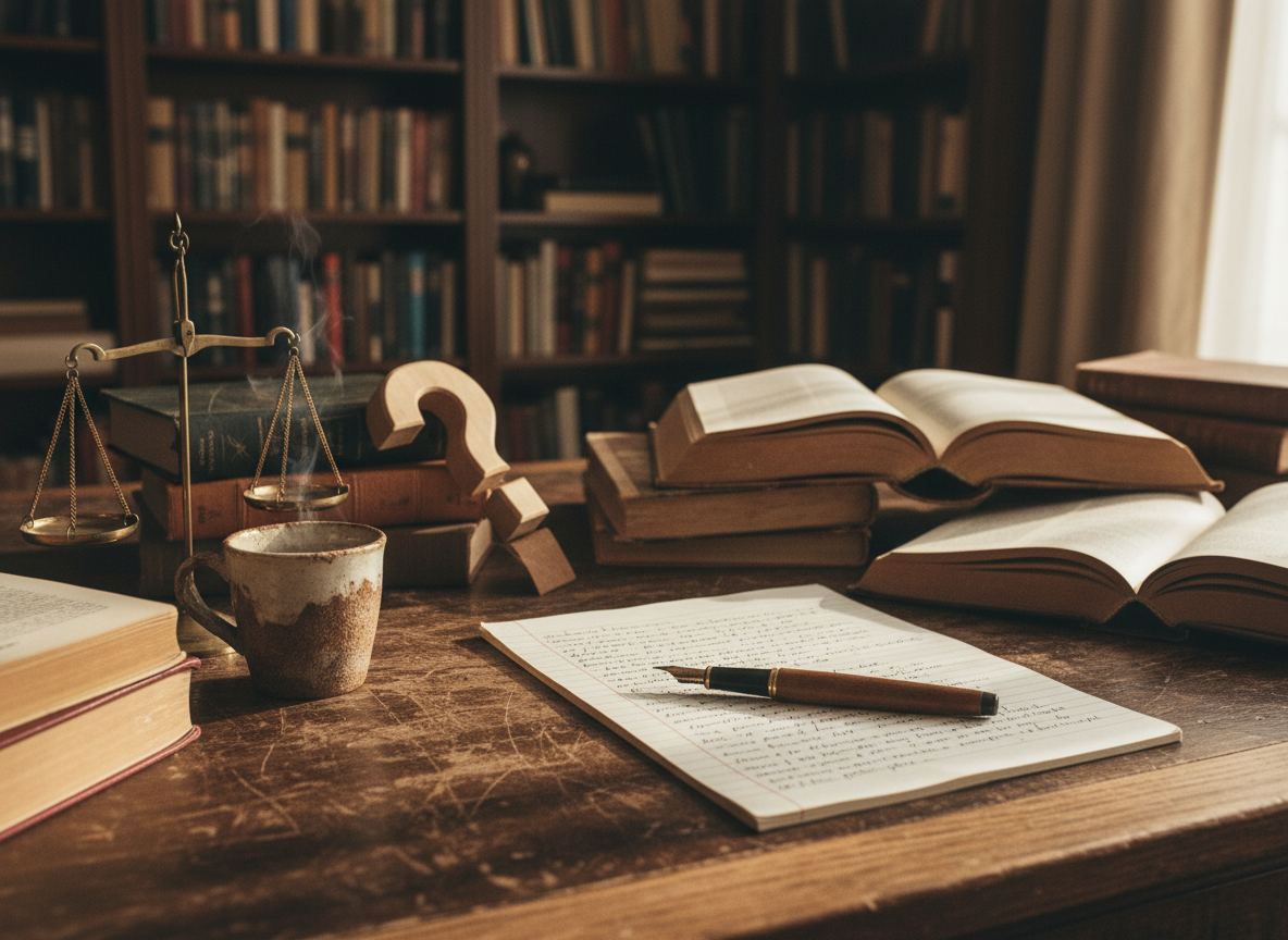 A heavy, well‑worn oak writing desk covered with open hardcover books, annotated pages, and a single vintage metal fountain pen resting on a legal pad filled with dense, handwritten arguments. A small brass scale of justice stands near a ceramic mug, while a lone wooden question mark sculpture leans against a stack of philosophy volumes. The scene is set in a quiet study lined with dark shelves fading softly into the background. Late-afternoon window light falls diagonally across the desk, picking out textures of paper and wood, casting long, contemplative shadows. Shot at eye level with a shallow depth of field in a muted, analog-film aesthetic, the mood is reflective, analytical, and slightly unsettled, suggesting critical political thought beyond easy certainties.