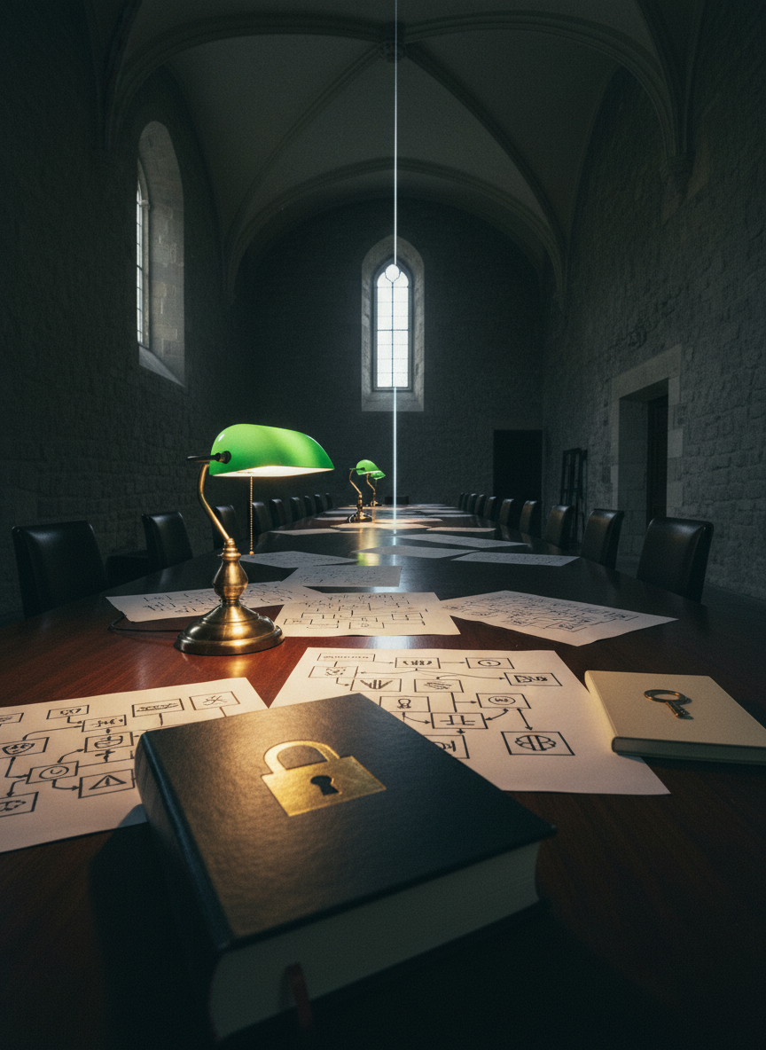 A long conference table made of dark walnut stretches into the distance inside a dim, imposing room. At one end, a massive, closed leather-bound book labeled with a minimalist symbol of a lock sits beneath an antique green-shaded desk lamp. At the opposite end rests a thinner notebook embossed with a small key and a question mark. Between them lie scattered sheets with complex diagrams of power structures, flowcharts of institutions, and arrows crisscrossing like constellations. Overhead, a single high window lets in a narrow shaft of cold daylight that cuts across the warmer lamp glow, creating a stark line of contrast. Framed symmetrically from a low perspective, in subtle analog-film tones, the atmosphere feels analytical, austere, and charged with debates about transparency, authority, and freedom.